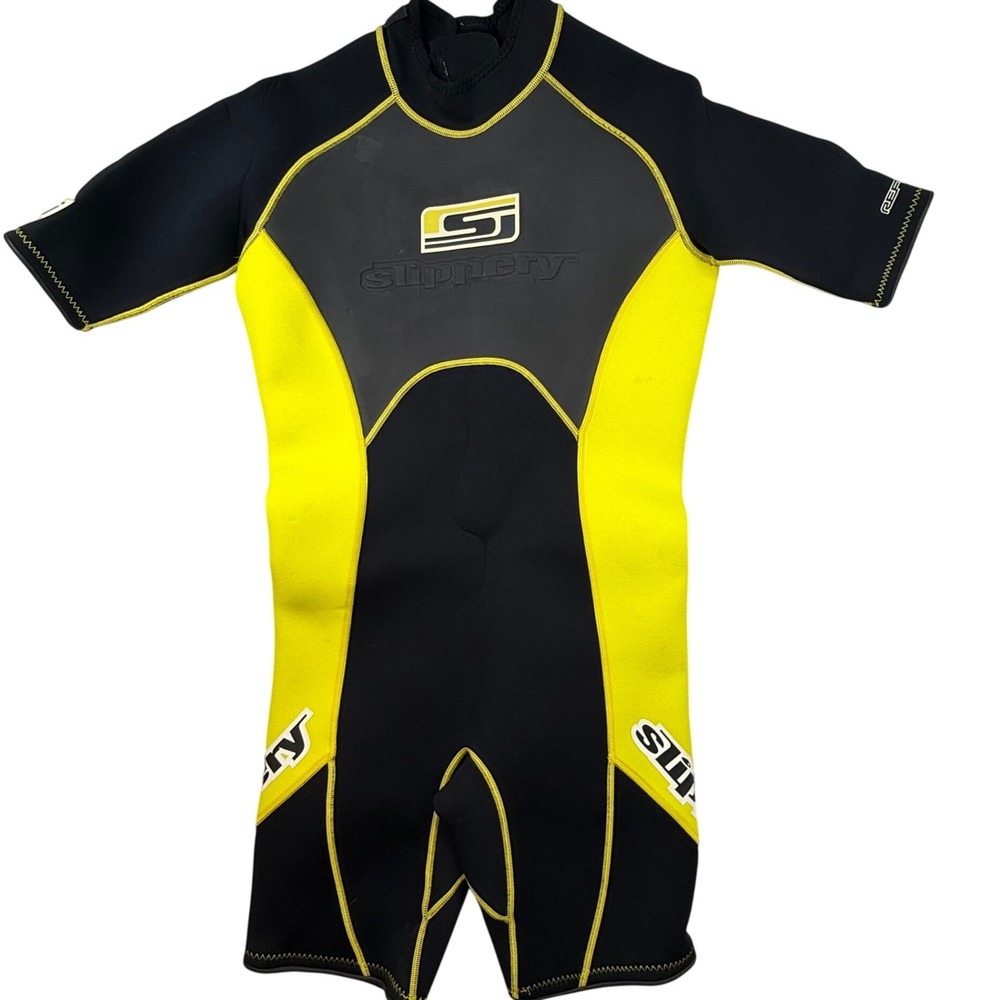 Slippery‎ Shorty Wetsuit Mens Large Black Neon Yellow Neoprene Jet Ski Surf L